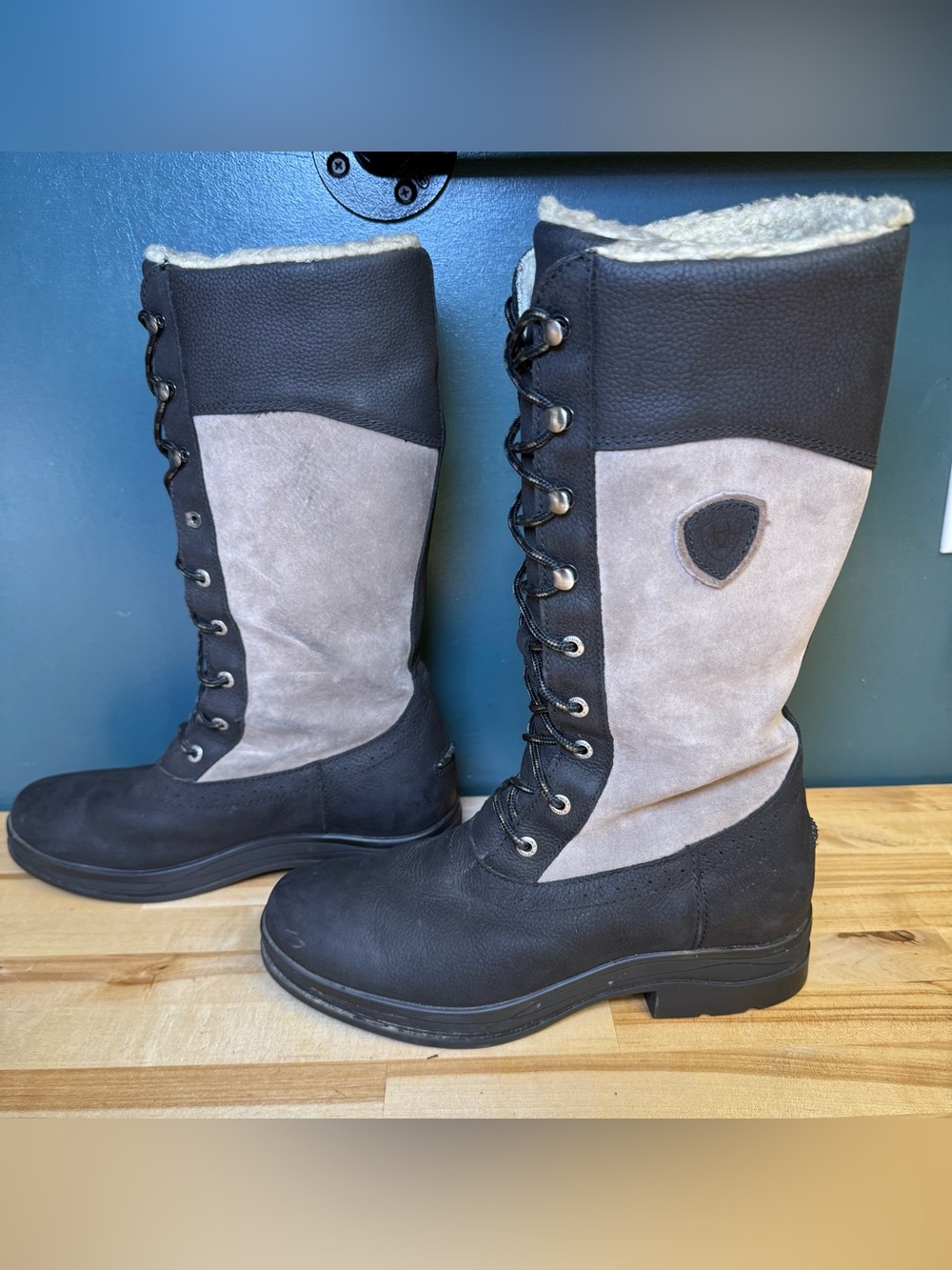 Ariat Black and Gray Lace-Up Shearling-Trim Boots